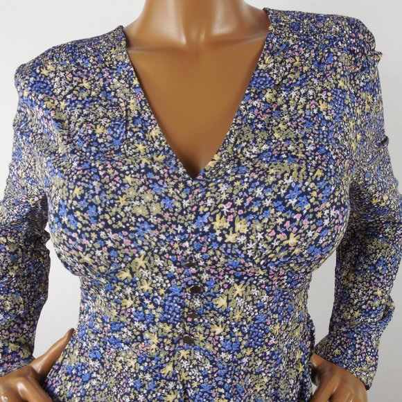LEITH Top L Floral Ditsy Print Blouse V Neck Shirt Long Sleeves Multi-Colored - Picture 4 of 11